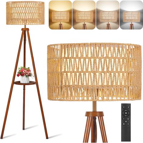 Lampadaire Trépied Bois Massif, Double Abat-Jour Rotin et Lin Télécommande, dimmable, 4 températures de couleur, étagères, style boho, salon, chambre, bureau, Noyer (1/5)