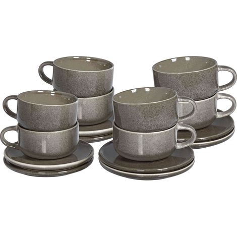 Tassen 8er Set mit Untertellern COSTMARY Steinzeug Grau