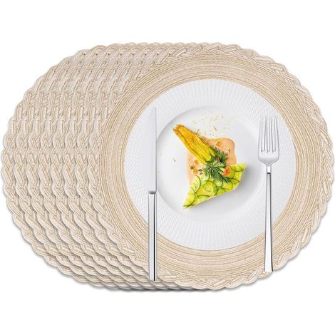 Lot de 8 sets de table ronds, lavables, de style bohème, résistants à la chaleur, 38 cm (beige, bordure florale) (1/4)