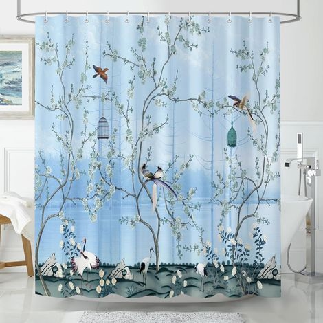 Rideau de douche au design artistique avec fond bleu, motifs d'arbres, d'oiseaux et de fleurs, rideau de douche hydrofuge pour la décoration de la salle de bain, 180 x 180 cm avec 12 crochets (1/5)