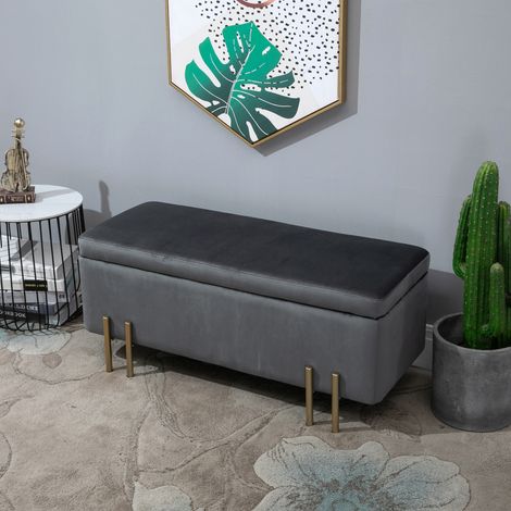 Banc de rangement en velours gris foncé, 100x40x42cm, pieds métal, design moderne et gain de place (1/4)