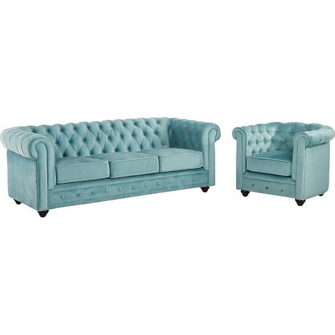 Divano CHESTERFIELD 3 posti e poltrona in velluto Azzurro pastello