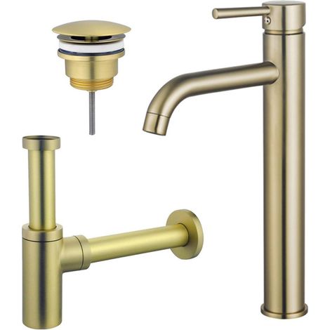 FugaFlow Eccelente Sobrado Kit mitigeur lavabo - robinet rehaussé - bonde nonobturable - siphon design - PVD Laiton brossé (1/4)