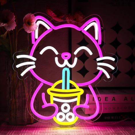 Boba-Katzen-Neonreklame, Trinklicht, Katzen-Neonreklame zur Wanddekoration, Tier-Neonreklame, LED-USB-Schild für Bar, Geschäft, Unternehmen, Boba-Teeparty, Getränkeladen (1/5)