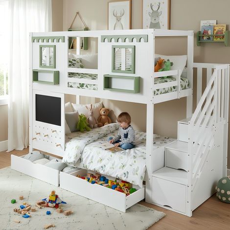 Letto a castello 90x200 cm bianco e verde in legno e MDF con scala contenitore (1/5)