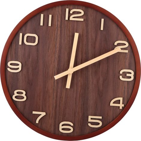 Horloge murale silencieuse avec cadre rond couleur noyer pour la maison, horloge silencieuse minimaliste de style nordique (1/5)