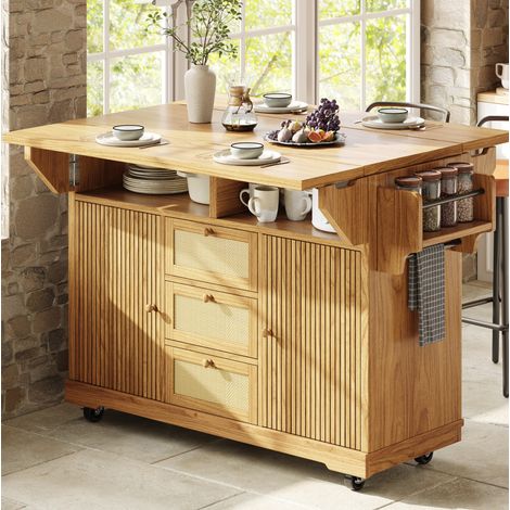 Desserte de cuisine pliante 142,5x40-80x95 cm avec rangement, tiroirs en rotin PE, étagères réglables, MDF bois naturel (1/5)