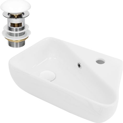 ML-Design Lavabo ad Angolo d'Appoggio in Ceramica Bianco Rotondo 450 x 270 x 130 mm Lavandino Angolare a Parete con Troppopieno Foro per Rubinetto Scarico Lavamani Design Moderno Lavello incl. Piletta (1/5)