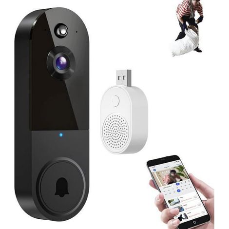 Sonnette vidéo sans fil 1080p,détection de personnes par IA, audio bidirectionnel, vision nocturne, stockage cloud (vendu (1/5)
