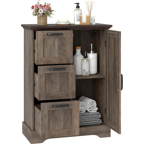 COSTWAY Floor Cabinet Farmhouse Accent Cabinet with 3 Storage Drawers-Grey (1/5)