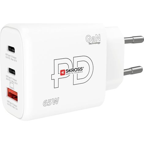 SKROSS - POWER CHARGER 65W GAN EU - CHARGER PC, TABLETTE, INTELLIGENT AVEC CHARGE RAPIDE 65 W - CHARGEUR AVEC 3 APPAREILS USB (U (1/5)