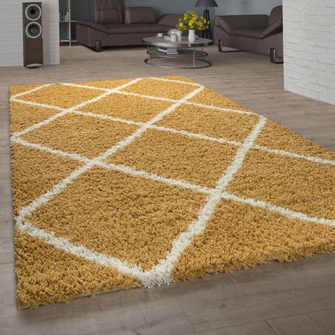 Paco Home Teppich Wohnzimmer Hochflor Shaggy Skandi Design Mit Rauten Muster, Modern In Gelb 200x280 cm