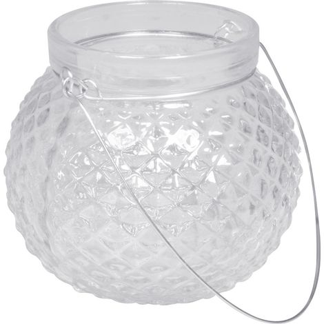 Photophore en verre à suspendre, blanc. 1 pce., relief à facettes, anse en métal, H. 9cm, ø col 6,5cm, décoration, fête, porte bougie