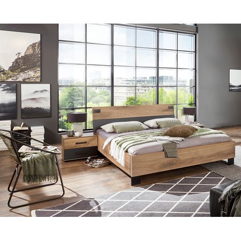 Lit adulte double + chevets coloris chêne foncé - Longueur 168 x Profondeur 210 x Hauteur 94 cm -PEGANE-