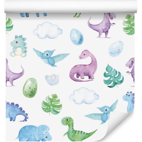 Papel pintado de dinosaurios, hojas y nubes para salón y dormitorio, 50x1000 cm. (1/5)