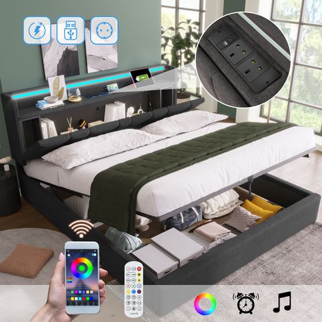 Upholstered Double Bed with USB Charging Function, Storage Headboard and LED Lighting, 5ft King Size Bed Storage Bed Frame (150 x 200 cm), Wooden Slatted Frame, Grey (No Mattress)