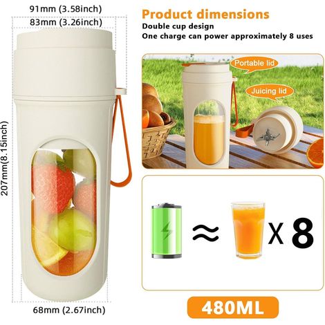 Tragbarer Smoothie-Maker, 450 ml tragbarer Mixer mit 12 Edelstahlklingen, Mini-Smoothie-Mixer, kleiner USB-Standmixer, geeignet für Fitnessstudio, Büro, Camping, Reisen (1500 mAh, orange).