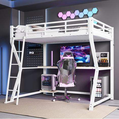 letto salvaspazio 90x200 con scrivania LED bianco OKMYHOME (1/5)