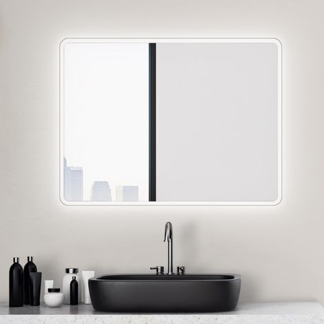 Miroir de Salle de Bain avec éclairage Moon 80 x 60 cm - lumière ambiante environnante - Couleur Claire Blanc Neutre - Cadre en Aluminium - Suspension Verticale et Horizontale (1/5)