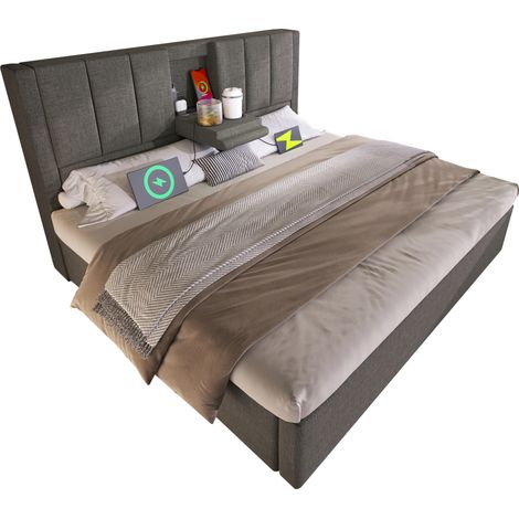 Lit coffre 140x200 avec matelas inclus, tête de lit avec porte-gobelets cachés et station de charge USB/USB-C, sommier à lattes, tissu gris  CHICFURN (1/5)