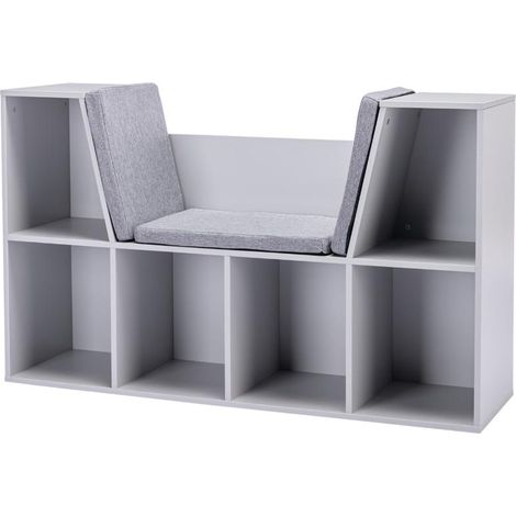 Bibliothèque enfant avec tabouret, banc enfant à 6 compartiments, coffre de rangement avec 3 coussins, coffre à jouets, à partir de 3 ans, gris, 103 x 30 x 62 cm