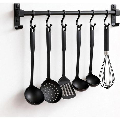 Barre de Ustensiles Suspension 40 cm, Porte-Ustensiles Mural avec 6 Crochets Amovibles, Aluminium Support Mural Cuisine, Noir Patère de Cuisine, pour Planches à Découper, Cuillères, Ciseaux (1/5)