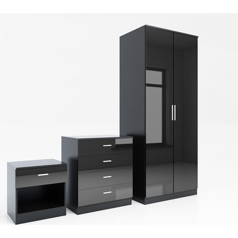 ELEGANT Bedroom Furniture 3 Pcs Set High Gloss 2 Doors Wardrobe and 4 Drawer Chest and Bedside Cabinet, Black (1/5)