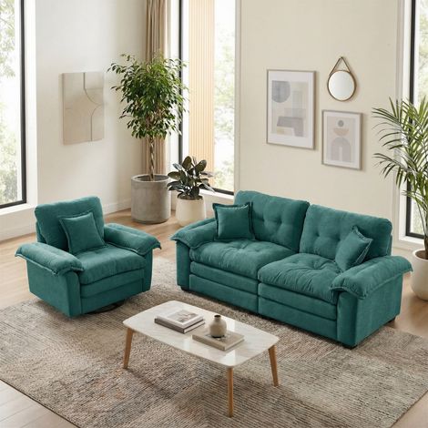Ensemble canapé 2 pièces en chenille : fauteuil + causeuse. Assise double épaisseur avec coussins déco. Idéal petit salon - Vert 185x90,1x87,6cm (1/5)