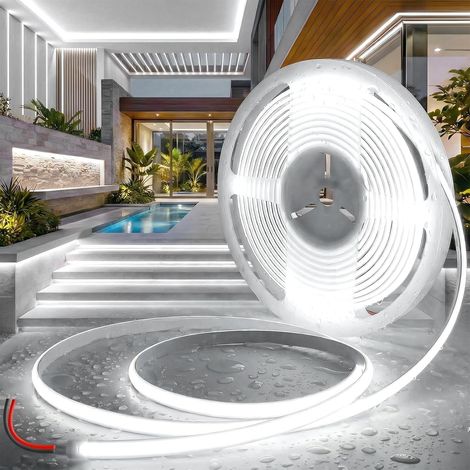 Ruban LED COB 5M 12V Bande LED Blanc 6000K Extérieur Flexible Etanche IP65 Imperméable 180LEDs/M Recoupable Bandeau Autocollant Intérieure pour Cuisine Chambre Maison (Sans Alimentation) (1/5)
