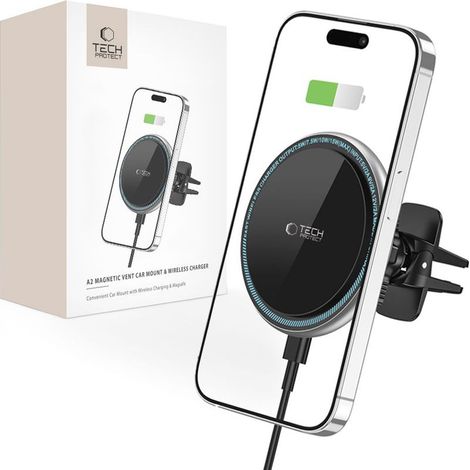 Chargeur sans fil magnétique Tech-protect A2 MagSafe pour grille d'aération de voiture, 15 W, noir (1/5)