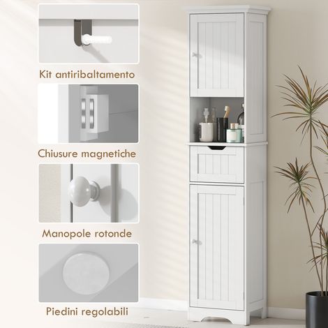 Meuble salle de bain bois blanc 40x30x170 cm avec deux armoires capteur, étagère ouverte et tiroir de rangement.
