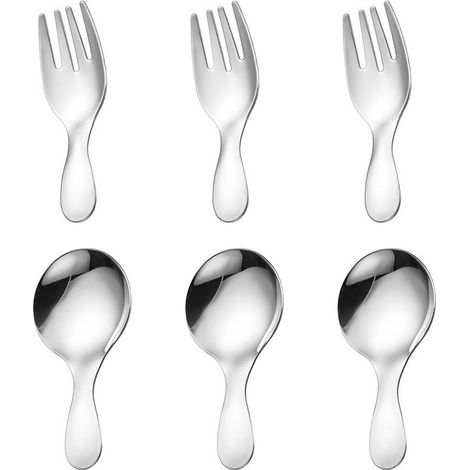 3 cucchiai rotondi con manici corti, 3 forchette con manici corti, grazioso set di posate in acciaio inox, pratico set per esterni. (1/5)