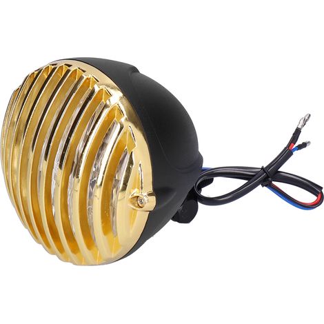 Runder Retro-Motorradscheinwerfer, 3-adrig, 12 V, 55 W, mit goldenem Schutzgitter zur Modifizierung (1/5)