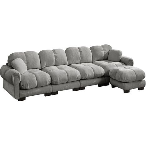 ELVMI Sofá Esquinero Modular de 4 Plazas con Otomana Móvil y Cojín, Respaldo Ergonómico, Chenilla Gris Claro (1/5)