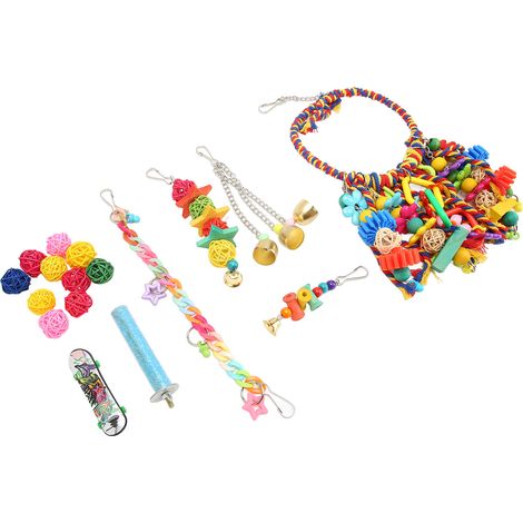 Ensemble de 17 balançoires colorées et amusantes pour cage à oiseaux, adaptées aux perroquets, aux perruches ondulées, aux calopsittes et aux conures. (1/5)