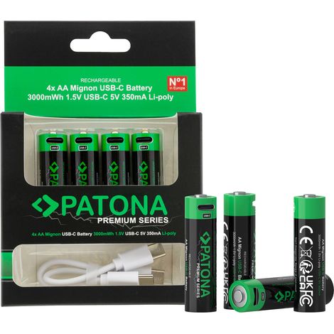 PATONA Premium USB-C 4x AA Akkus Lithium 1.5V 3000mWh aufladbar mit 1 zu 2 USB-C Ladekabel (1/5)