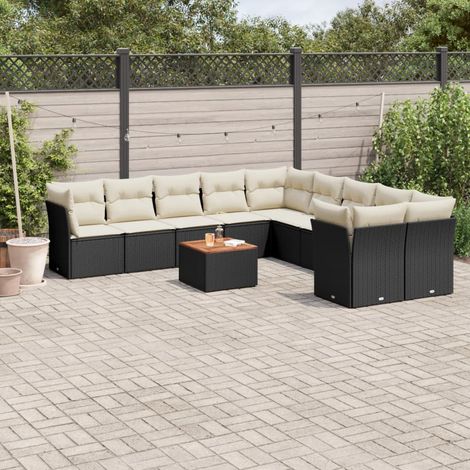 Ensemble de Jardin 11 Pièces Noir Résine Tressée avec Table Acacia et Coussins Crème - Salon d'Extérieur Modulaire avec Rangement Intégré (1/5)