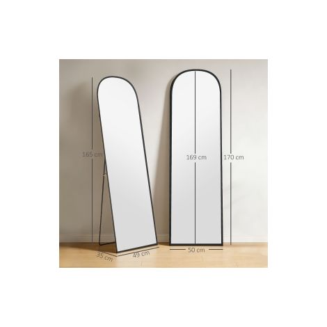 Miroir sur pied noir 169 x 49 cm en verre incassable avec cadre en aluminium et forme cintrée pour salon chambre et entrée (1/5)