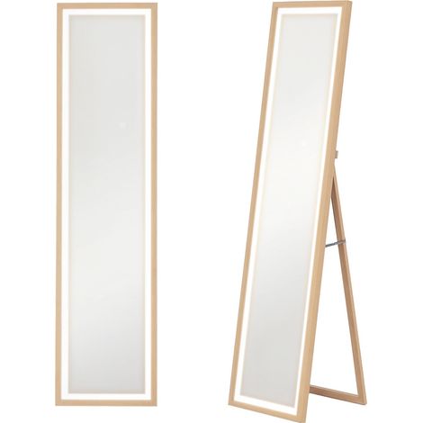 Grand miroir pleine longueur, miroir mural ou sur pied rectangulaire, 40 x 160 cm avec éclairage LED 3 couleurs, chêne