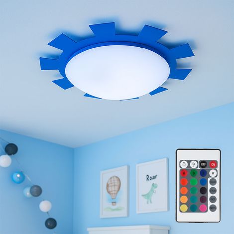 Applique murale chambre d'enfant lampe pour enfant plafonnier en verre bleu clair pour enfant, soleil, télécommande dimmable, 1x LED RVB 4,8W 470Lm blanc chaud, DxH 35x8 cm