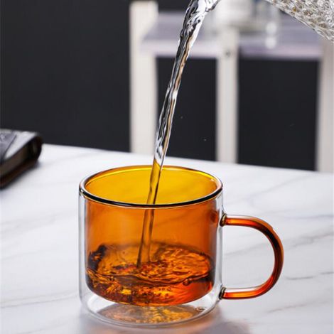 Lot de 2 tasses en verre double paroi coloré transparent avec anse, pour café, emballées dans une pochette à bulles (1/5)