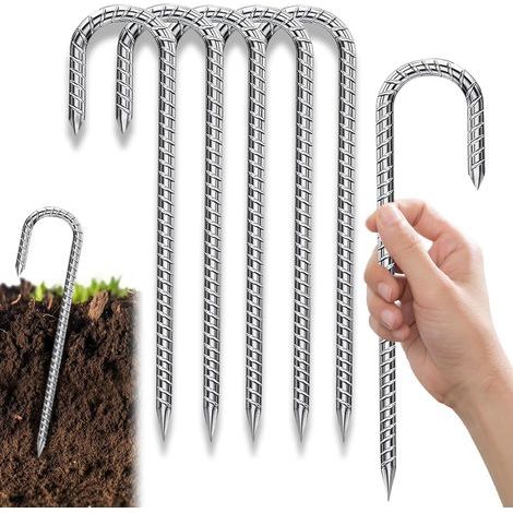 （ 30 cm ）Lot de 6 sardines argentés stables de 30 cm Le design fileté est un ancrage au sol en forme de J Convient pour les piquets de tente de camping, les piquets de jardin et la fixation de ser (1/5)