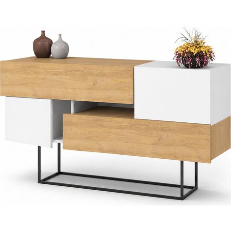 Madia Consolle Moderna 145 cm con 2 Ante 2 Cassetti Zaffiro di Quercia e Bianco