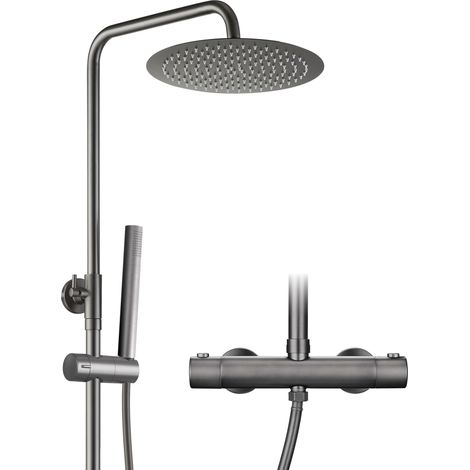Colonne de douche en acier inoxydable avec mitigeur robinet, Ensemble de douche pluie avec barre de douche réglable en hauteur, pommeau 25 cm et thermostatique Gris (1/5)