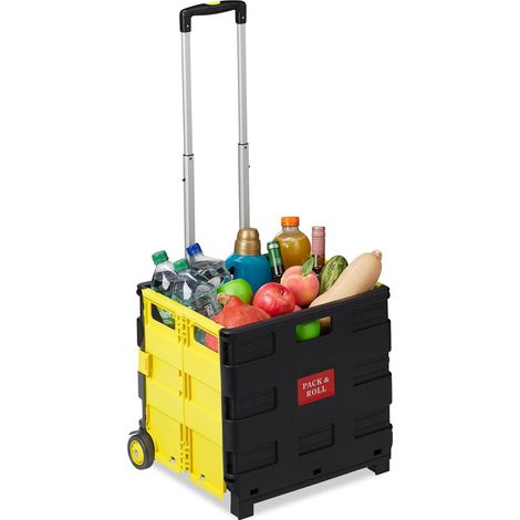 Relaxdays Carrello Portaspesa Pieghevole,Manico Telescopico,2 Ruote Gomma,fino a 35 kg,Trolley Spesa, Alluminio, Giallo