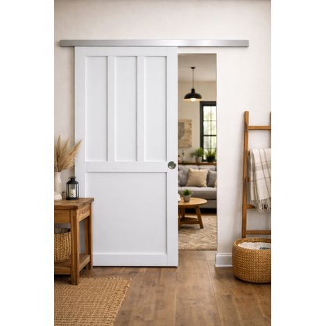 Porta scorrevole Officina 2 pannelli bianchi, larghezza 83 + Rail Alluminio  + 2 gusci installati