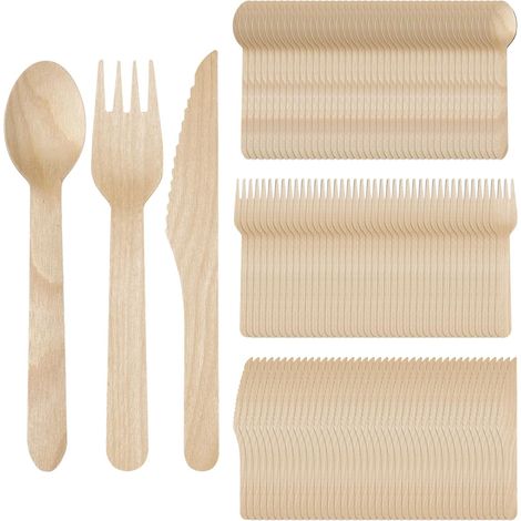 150 couverts en bois, couverts écologiques en bois de bouleau, 50 fourchettes en bois, 50 cuillères en bois, 50 couteaux en bois, couverts biodégradables pour camping, fête, pique-nique (1/5)