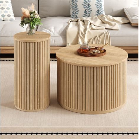 Juego de mesas de centro redondas (60x60x38.5 cm y 30x30x56 cm), diseño con rayas verticales, MDF natural (1/5)