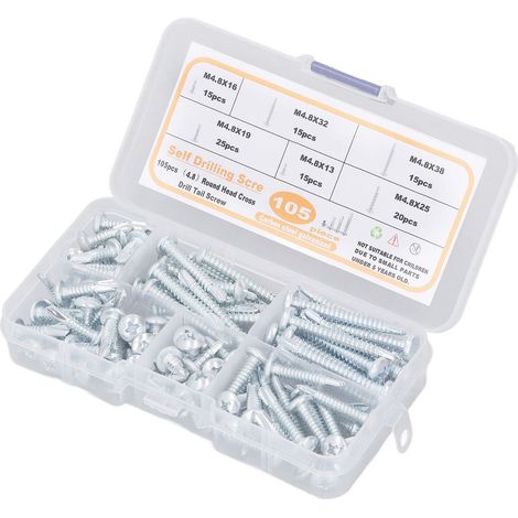 Vis à bois autoforeuse tête fraisée cruciforme, 105 pièces, acier carbone, queue de perceuse, avec boîte de rangement (1/5)