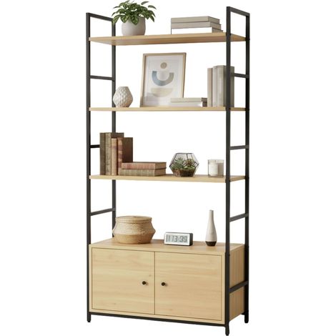 Estantería Librería Rubi para Salón 4 Estantes y 2 Puertas Roble Cambrian y Negro 59x144x24 cm (1/5)